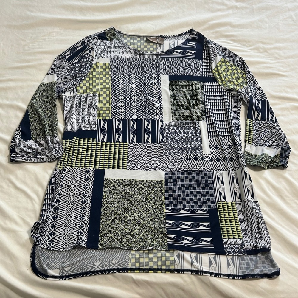 Chico's Easywear Patchwork Geometric Tunic Top Navy Lime Green Size 2 Large
